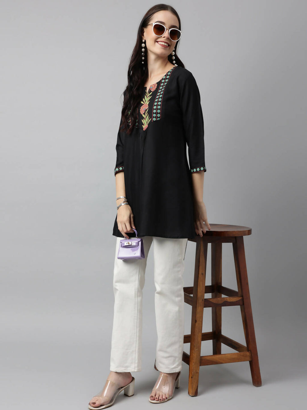Black Poly Cotton Yoke Printed A-line Top - Bosky