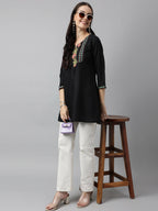 Black Poly Cotton Yoke Printed A-line Top - Bosky