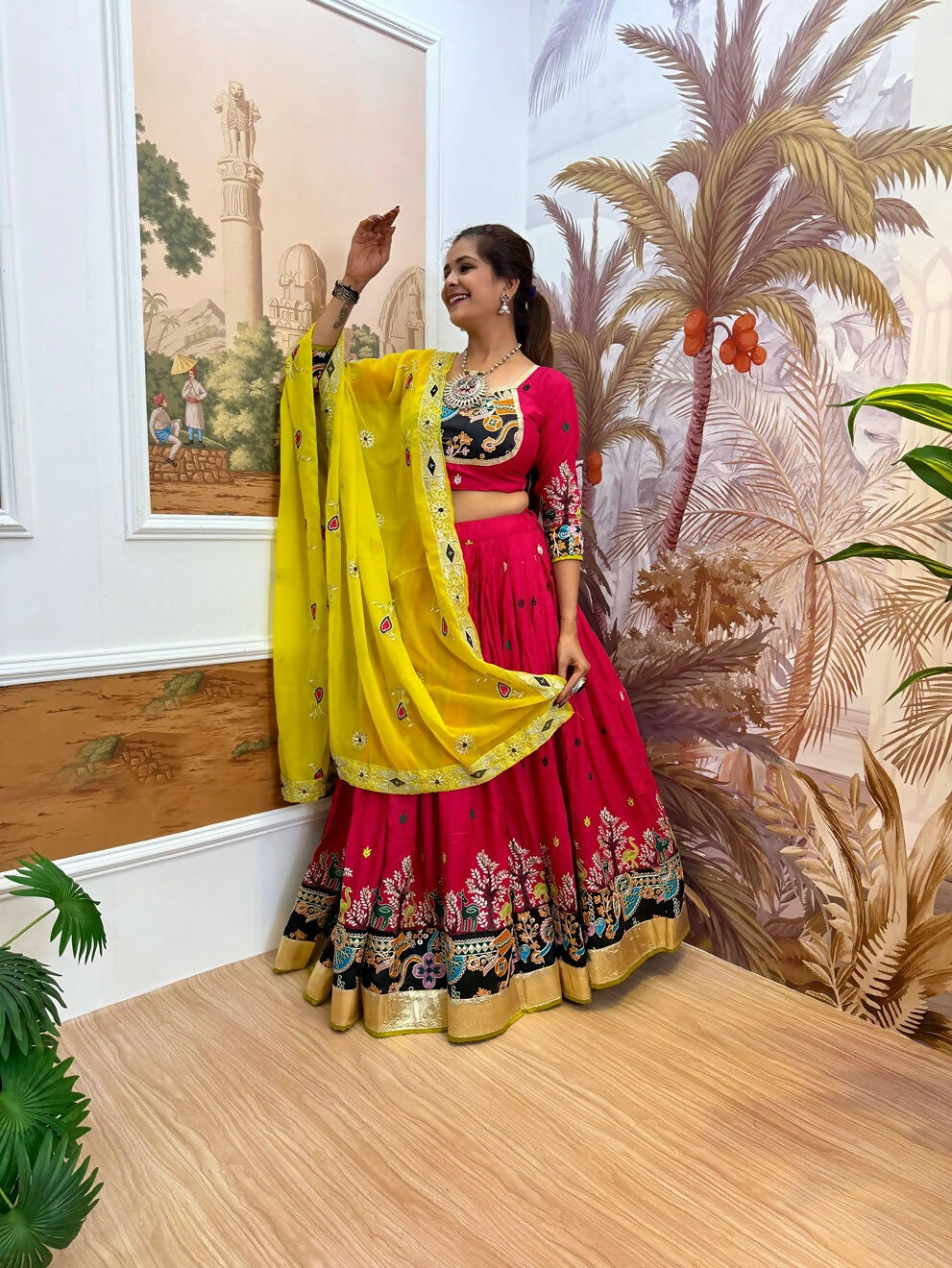 Teeya Creation Rani Colour Rayon Silk Embroidery Work Fully Stitched Navratri Lehenga