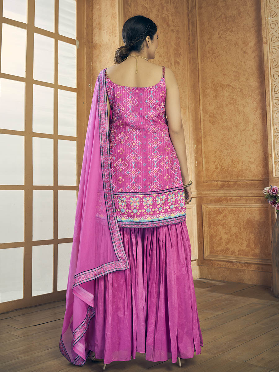 Myra Pink Printed Chinon Silk Designer Suit