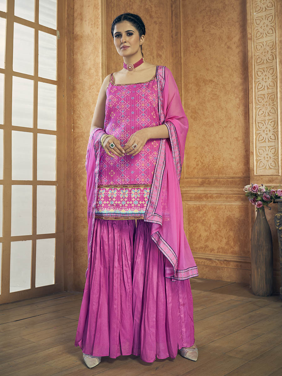 Myra Pink Printed Chinon Silk Designer Suit