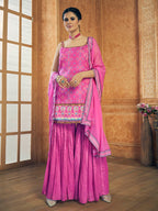 Myra Pink Printed Chinon Silk Designer Suit