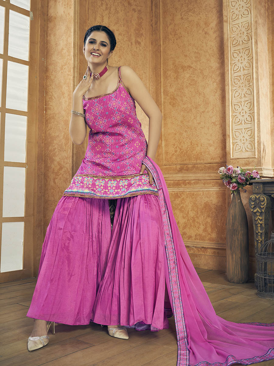 Myra Pink Printed Chinon Silk Designer Suit