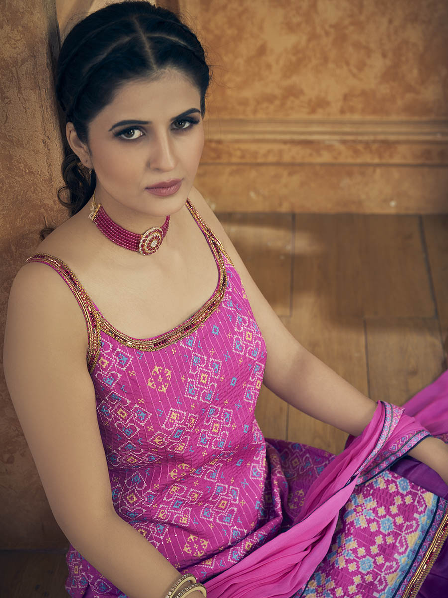 Myra Pink Printed Chinon Silk Designer Suit