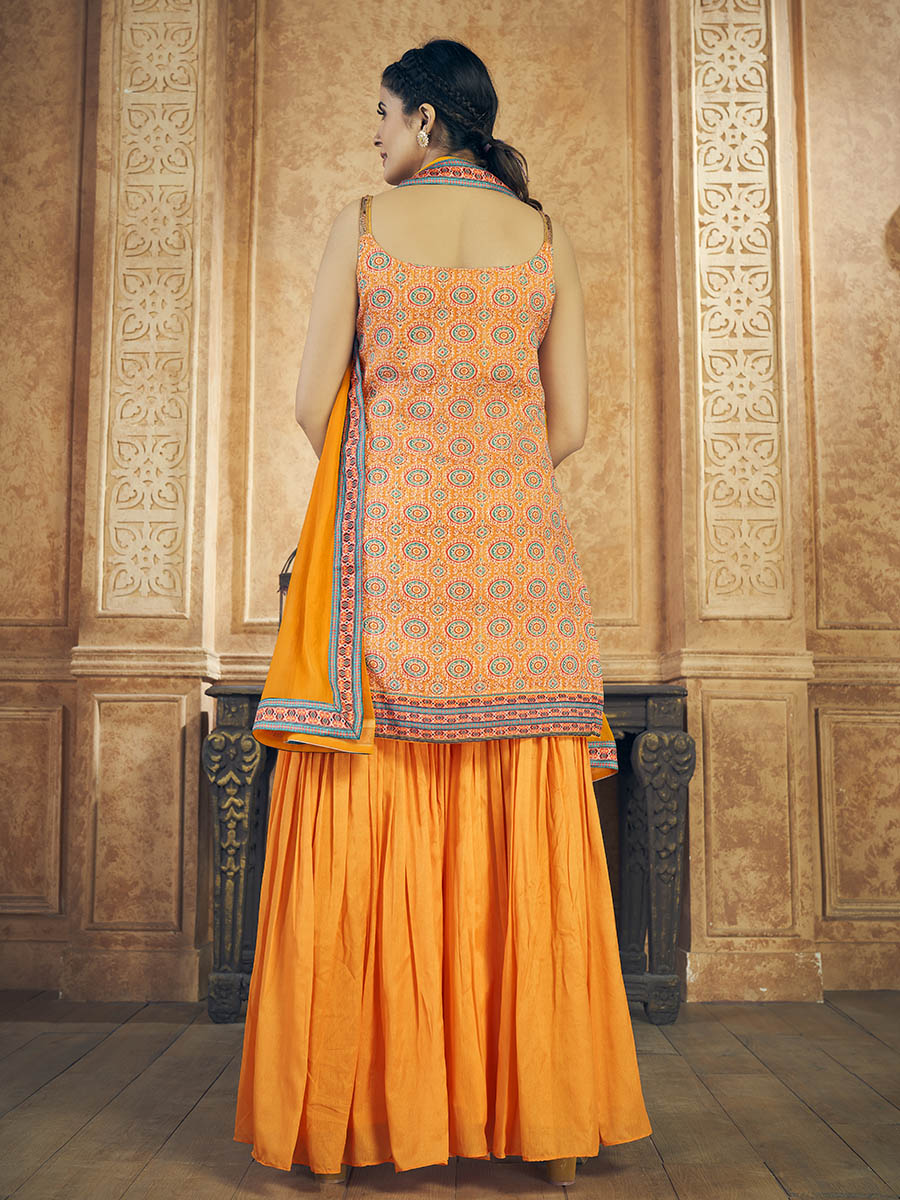 Myra Mustard Printed Chinon Silk Designer Suit