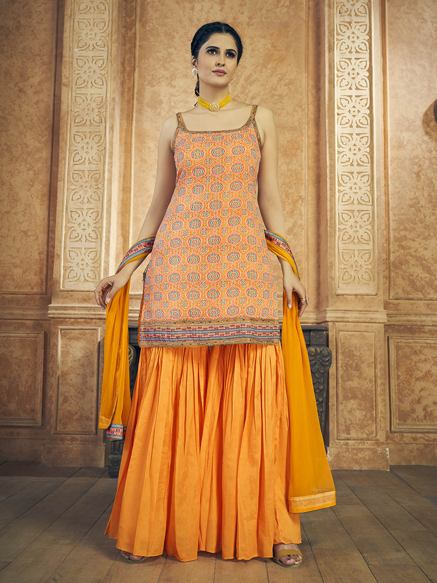Myra Mustard Printed Chinon Silk Designer Suit