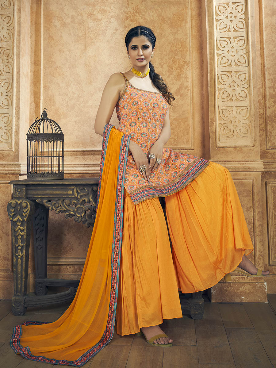 Myra Mustard Printed Chinon Silk Designer Suit