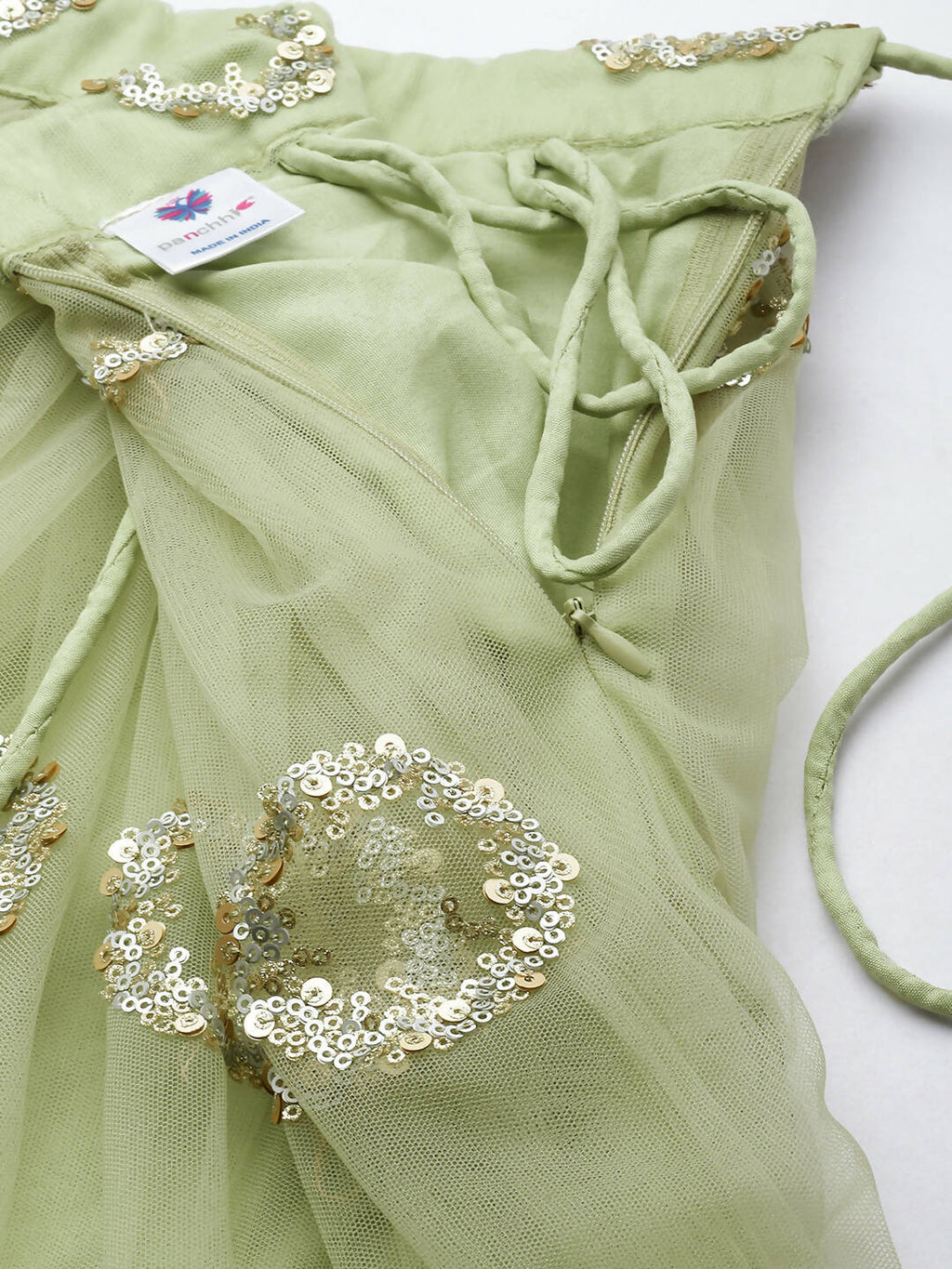 House of Panchhi Lime Green Net Embroideried Round Sequins Lehenga
