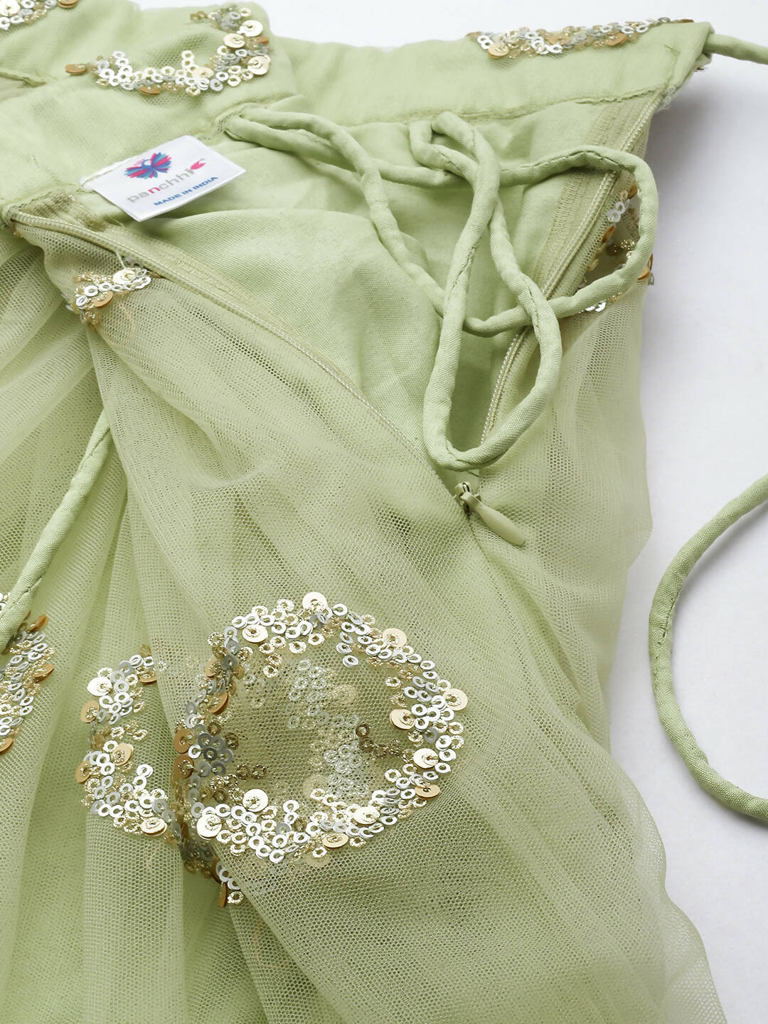 House of Panchhi Lime Green Net Embroideried Round Sequins Lehenga
