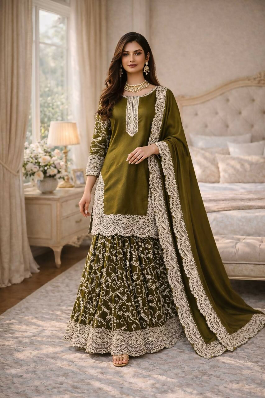 Teeya Creation Mehendi Fendy Satin Heavy Embrodiery Work Wedding Wear Salwar Suit - Distacart