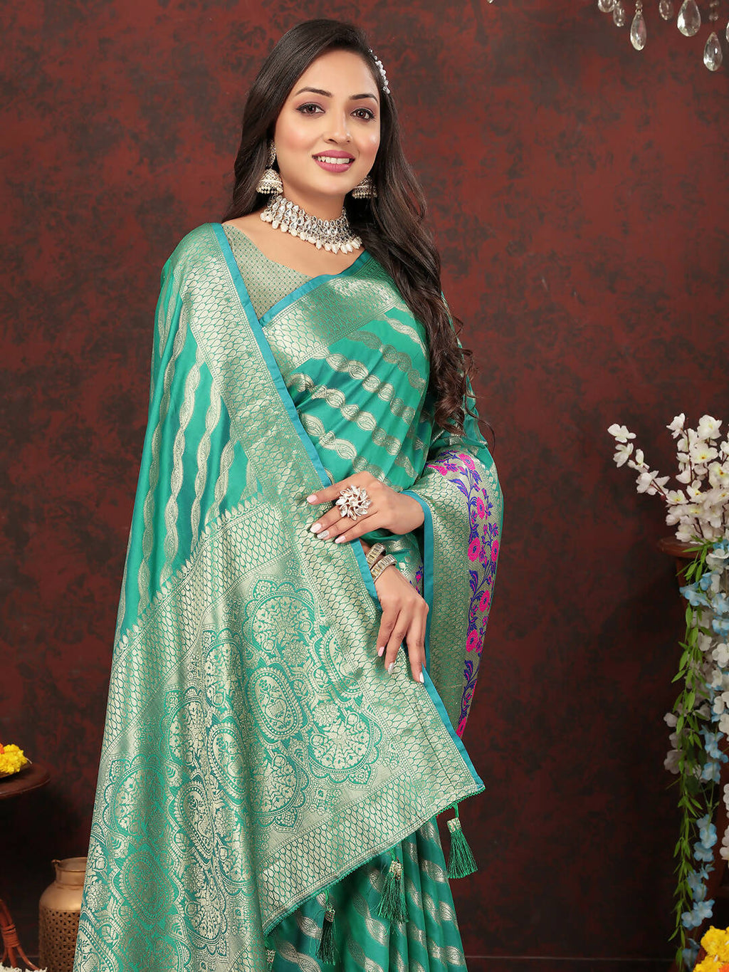 Lorenvalley Fashion Teal Soft Silk Woven Design with Zari Weaving Leheriya Design Saree