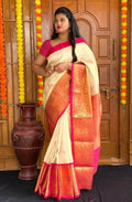 DEIANA'S Beautiful Designer Golden zari Soft Lichi Silk Saree - White