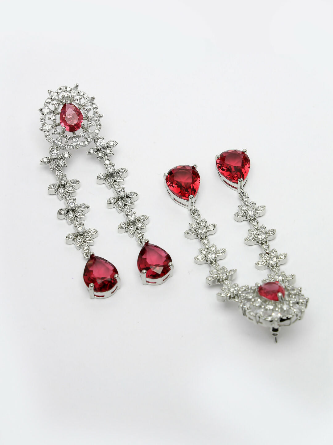NVR Women's Silver-Plated Red CZ-Studded Handcrafted Jewellery Set