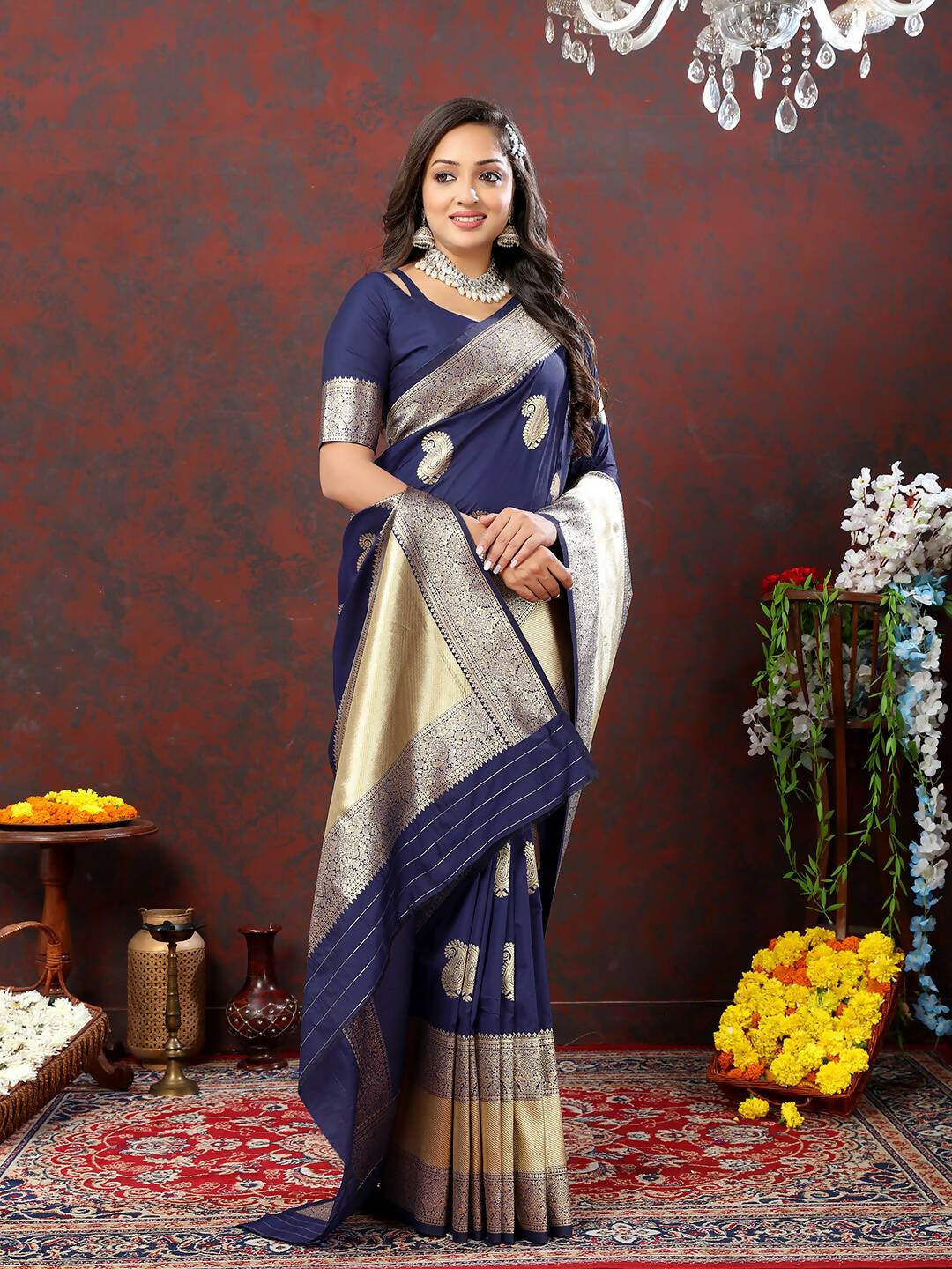 Lorenvalley Fashion Navyblue Soft Silk Woven Design Gold Zari Weaving Saree