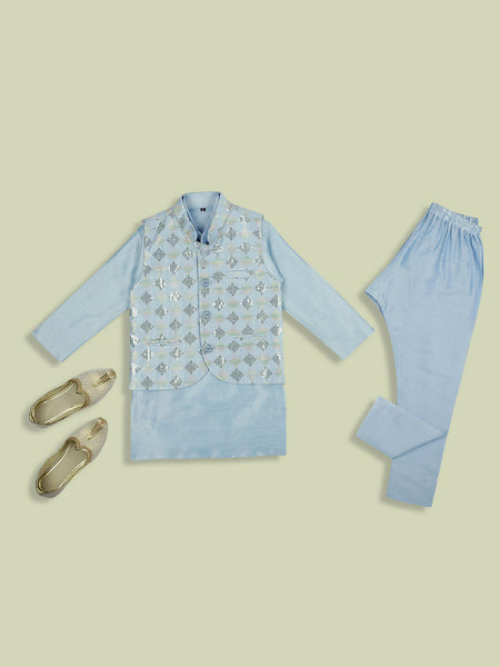 Joban Fashion Kids Island stylish Tikli work Nehru Jacket Full Sleeves Kurta, Pyjama Set - Sky Blue