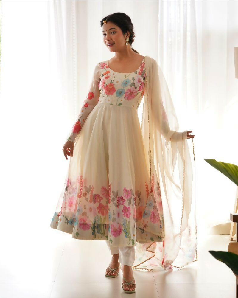 Joban Fashion Cream Kurta Set Organza Sequin Embroidery Work - Distacart