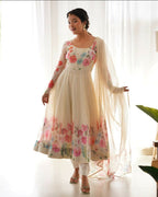 Joban Fashion Cream Kurta Set Organza Sequin Embroidery Work - Distacart
