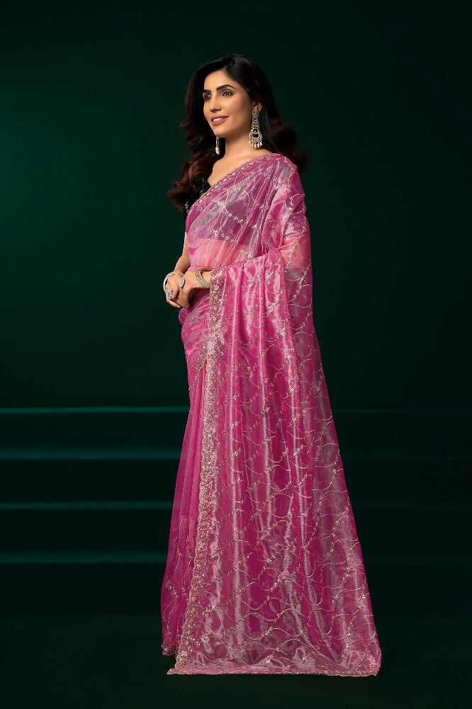 Joban Fashion Pink Net Party Wear Sarees - Distacart