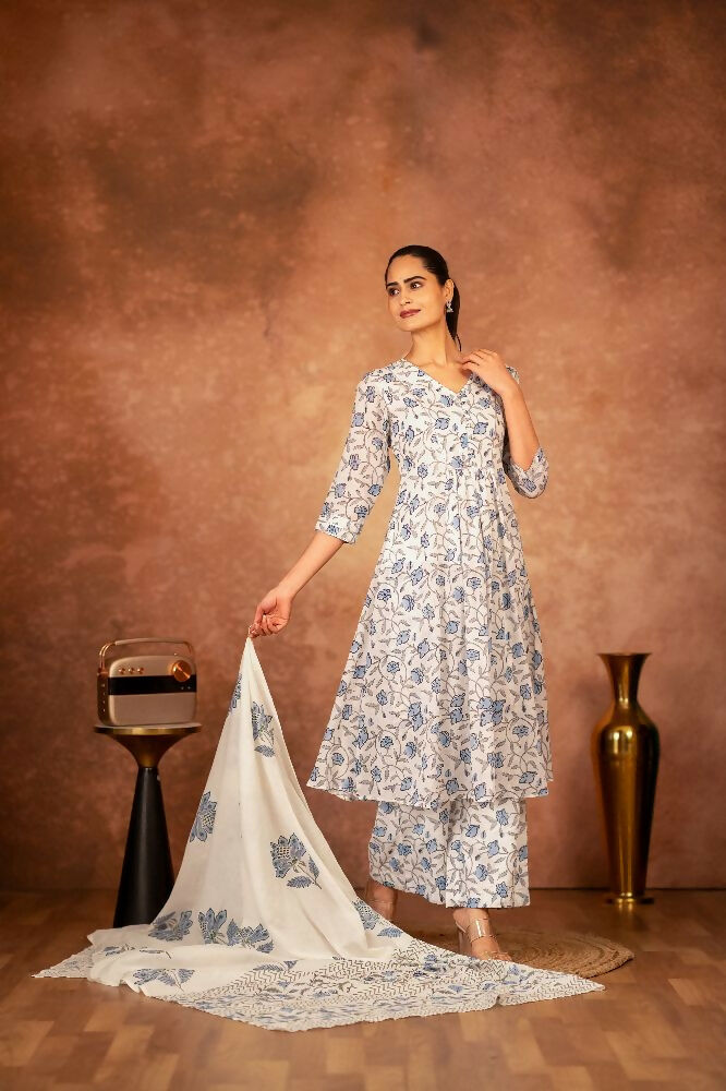 Joban Fashion Blue Hand Block Printed Cotton Suit Set - Distacart