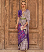 Grey Silk Geometric Printed Saree With Unstitched Blouse Piece - Aanchal