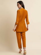 Mustard Chinon Floral Embroidered Top with Bottom - Maanushi