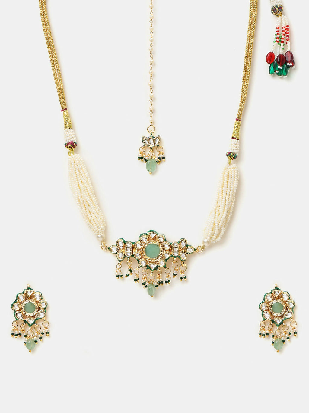 Ruby Raang Green-Gold Kundan Neck Piece With Matching Earrings And Maang Tikka - Distacart