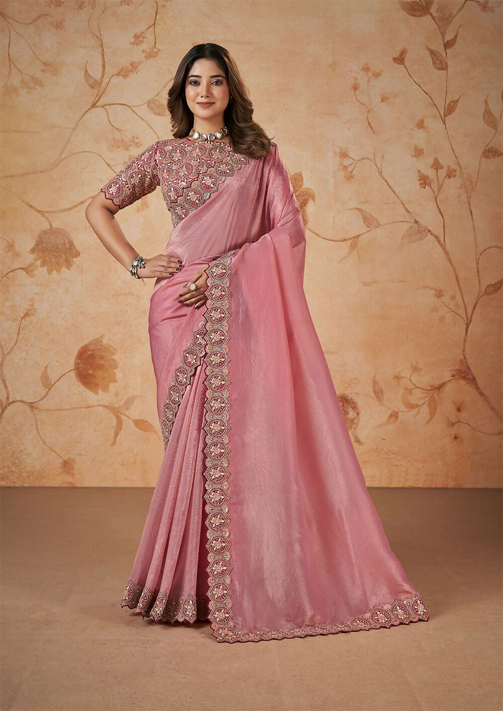Pink Banarasi Crush Silk Thread, Sequence, Cord and jari Embroidered with Stone Work Saree - Mohmanthan Dakshika