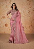 Pink Banarasi Crush Silk Thread, Sequence, Cord and jari Embroidered with Stone Work Saree - Mohmanthan Dakshika