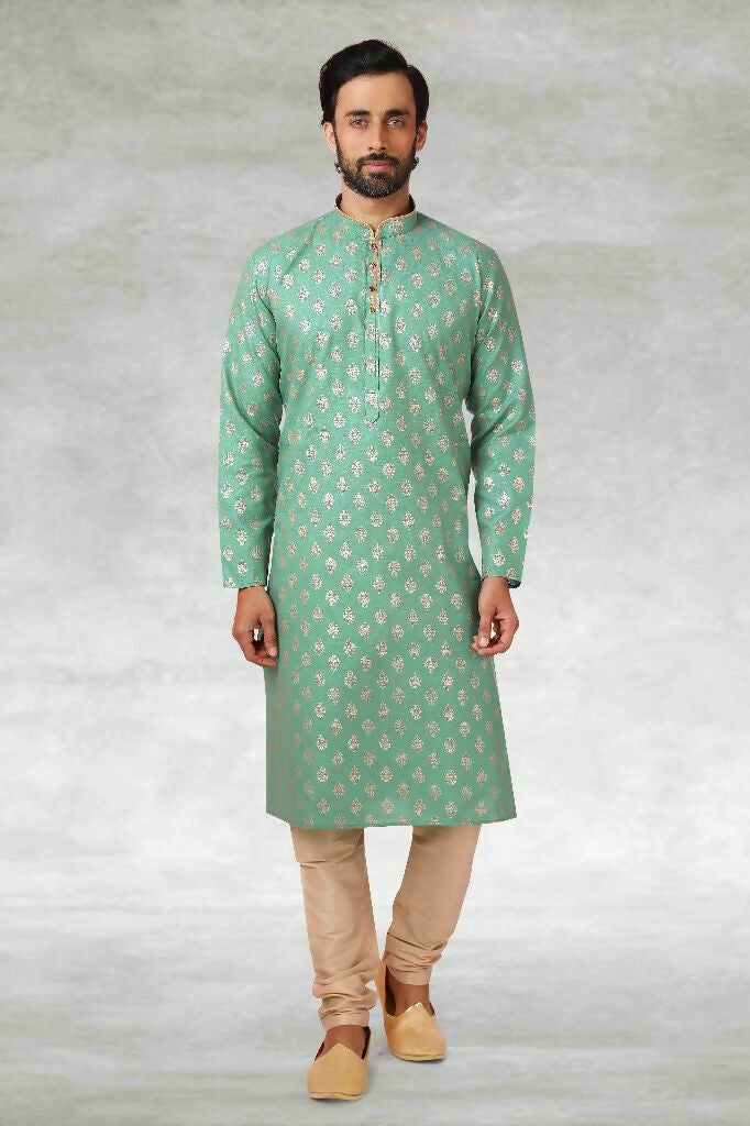 Raivat Ethnic Cotton Printed Work Kurta Pajama In Green Colour