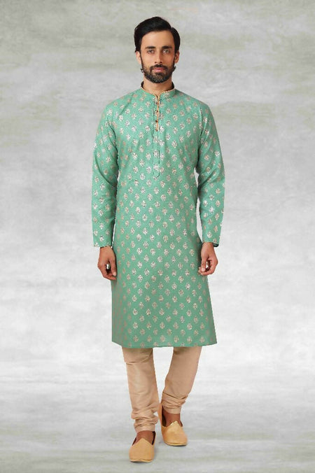 Raivat Ethnic Cotton Printed Work Kurta Pajama In Green Colour