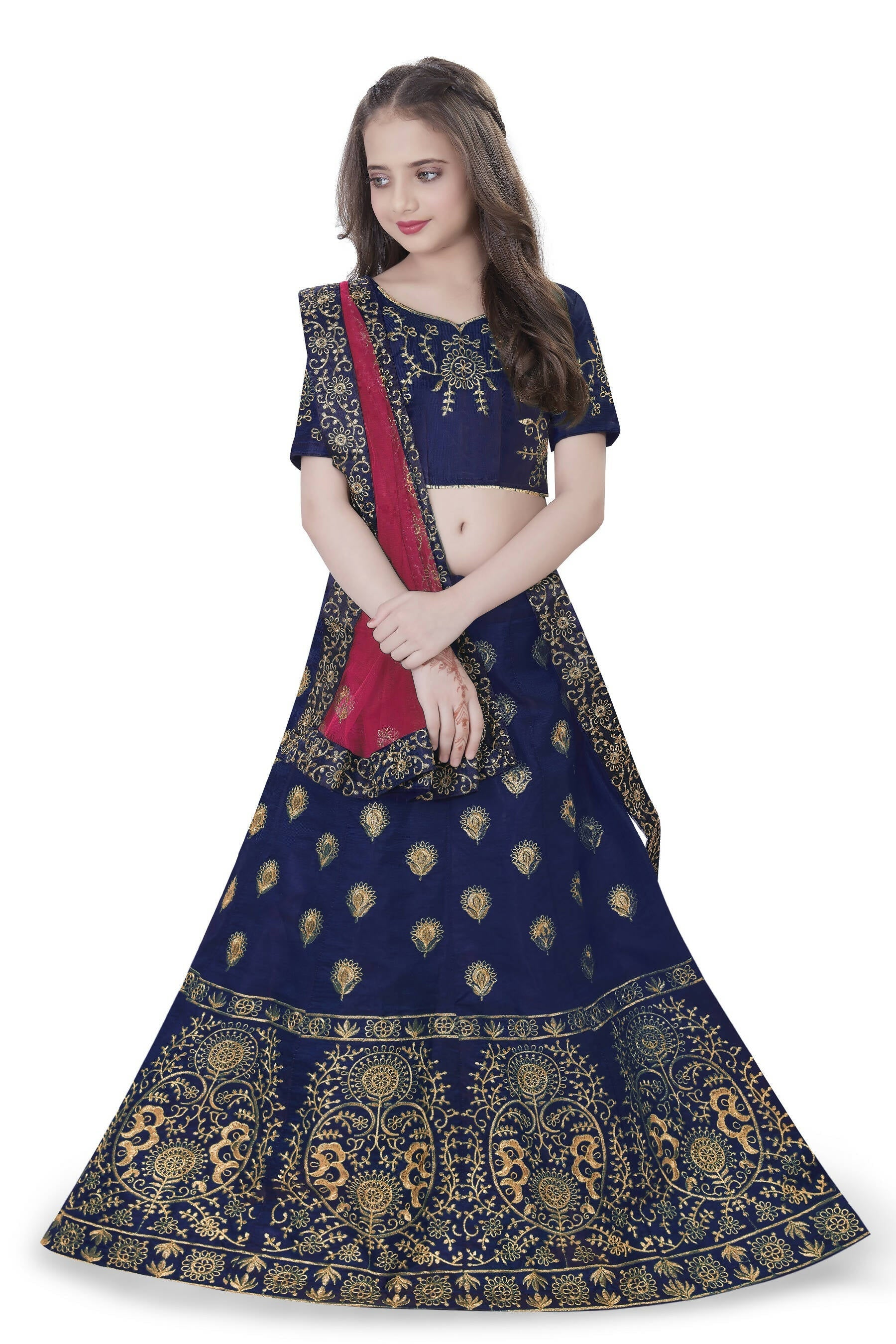 Dwiden Navy Blue Gulab Tafetta Sattin Semi-Stitched Girl's Lehenga Choli