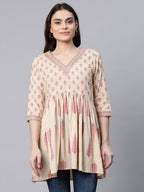 Ahalyaa Women Beige Pure Cotton Printed Tunic - Distacart
