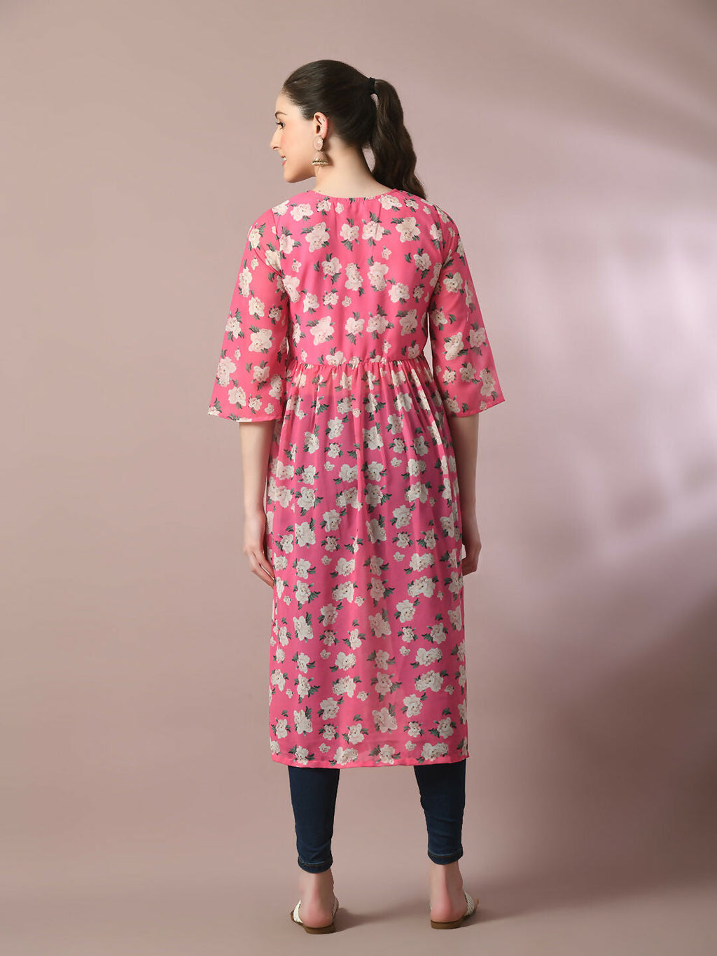 Myshka Women's Pink Printed Georgette A-Line Nyra-cut Kurta