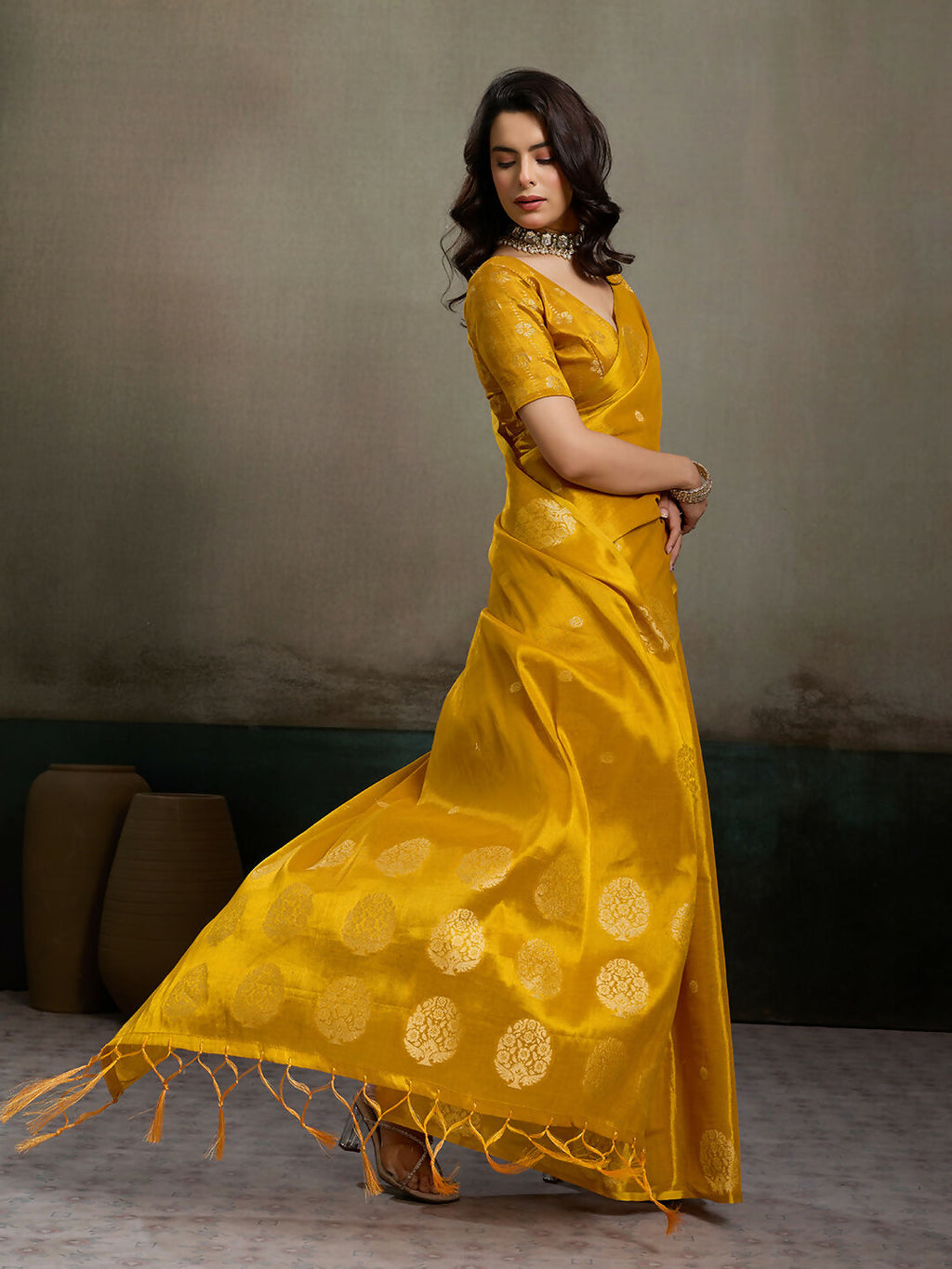 Shree Shyam Fashion Mustard Yellow Tissue Silk Saree - Distacart