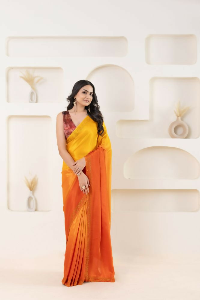Yellow Satin Pedding Designer, Printed Party Wear Ready To Wear Saree - Femina
