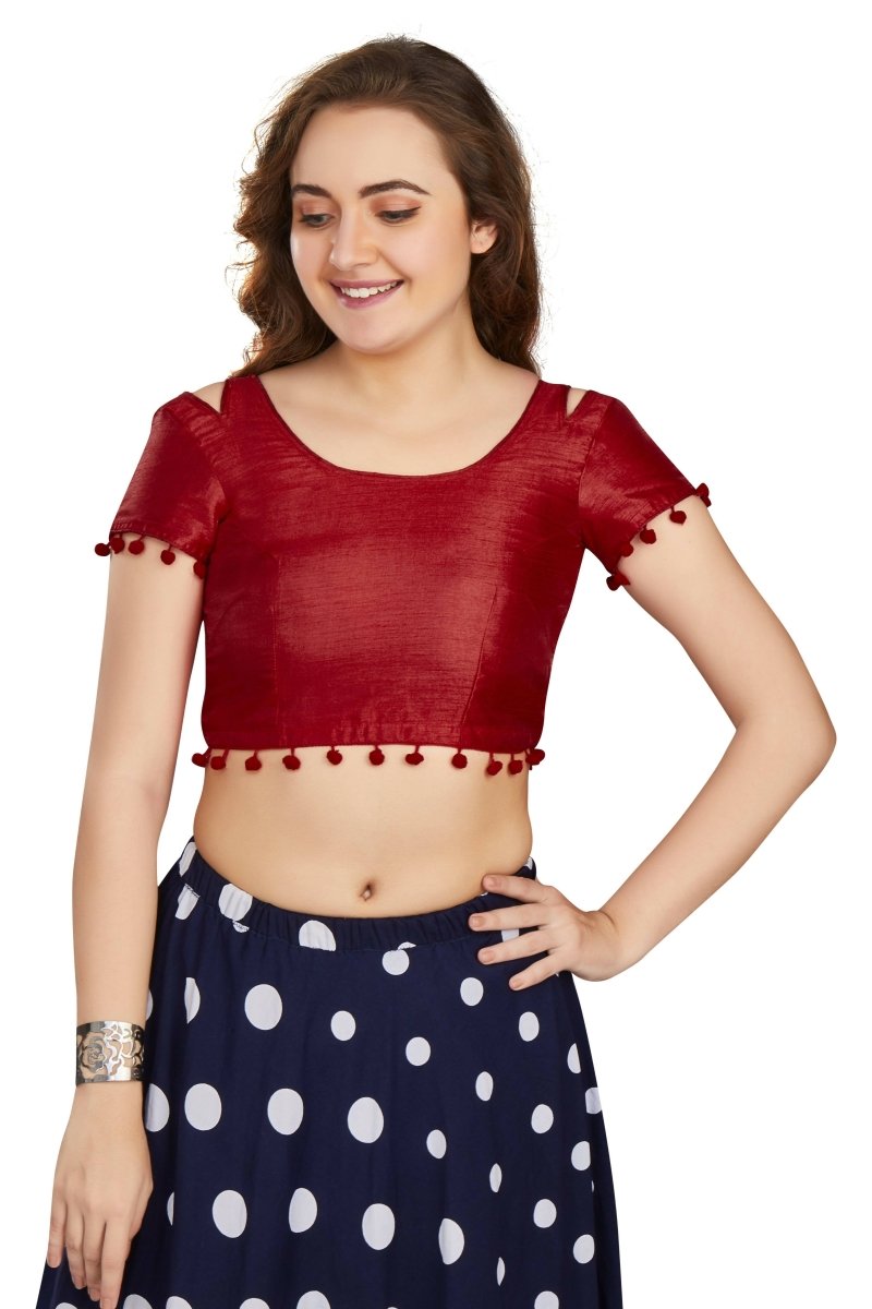 Aastha Fashion Women's Maroon Art Silk Pom Pom Lace Readymade Blouse