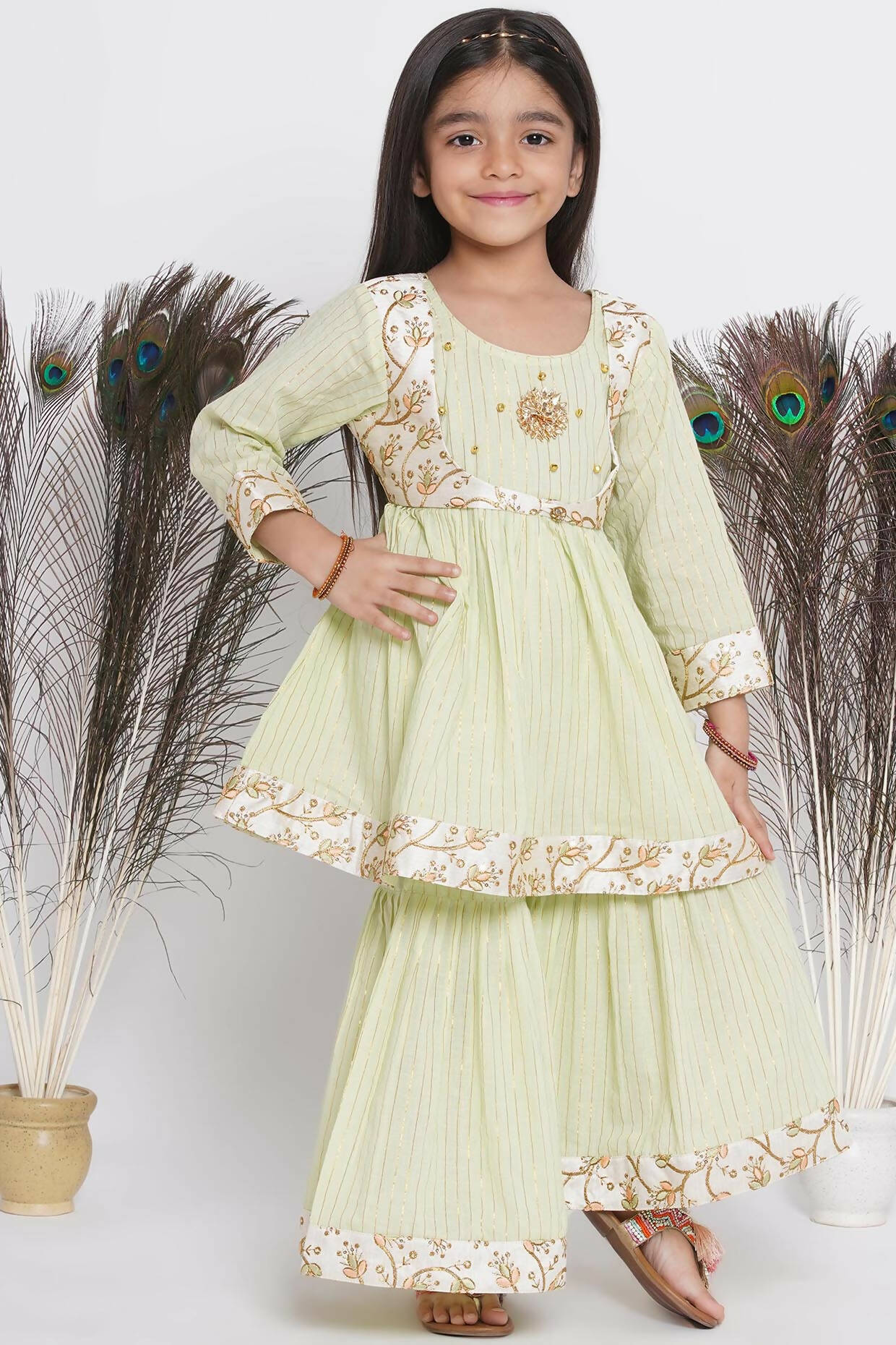 Little Bansi Floral Embroidery Jacket With Cotton Lurex Frock Sharara And Dupatta With Ghungroo Handwork - Bottle Green