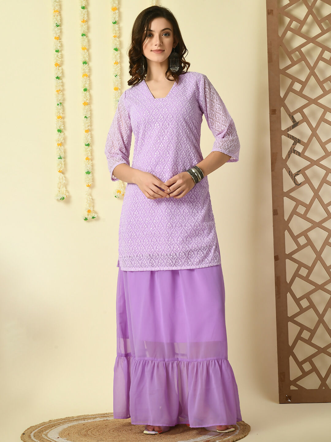 Myshka Women's Purple Georgette Kurti & Skirt With Dupatta Party Sets