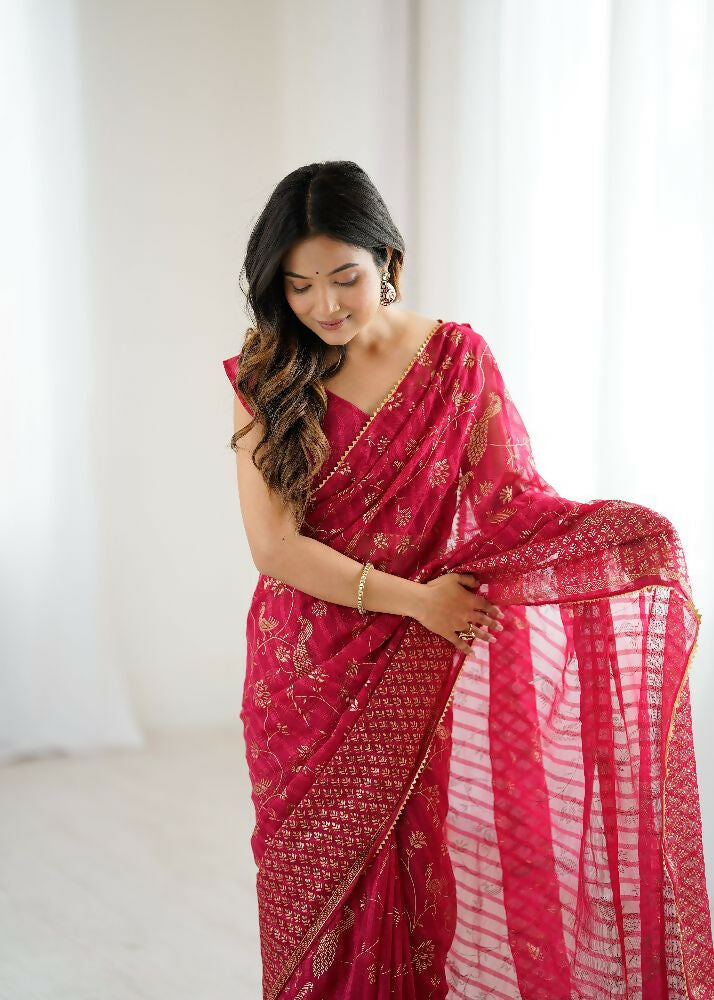 PR Fashion Pink Georgette Patta Plain With Foil Work And Small Lace And Zalar Lace Saree