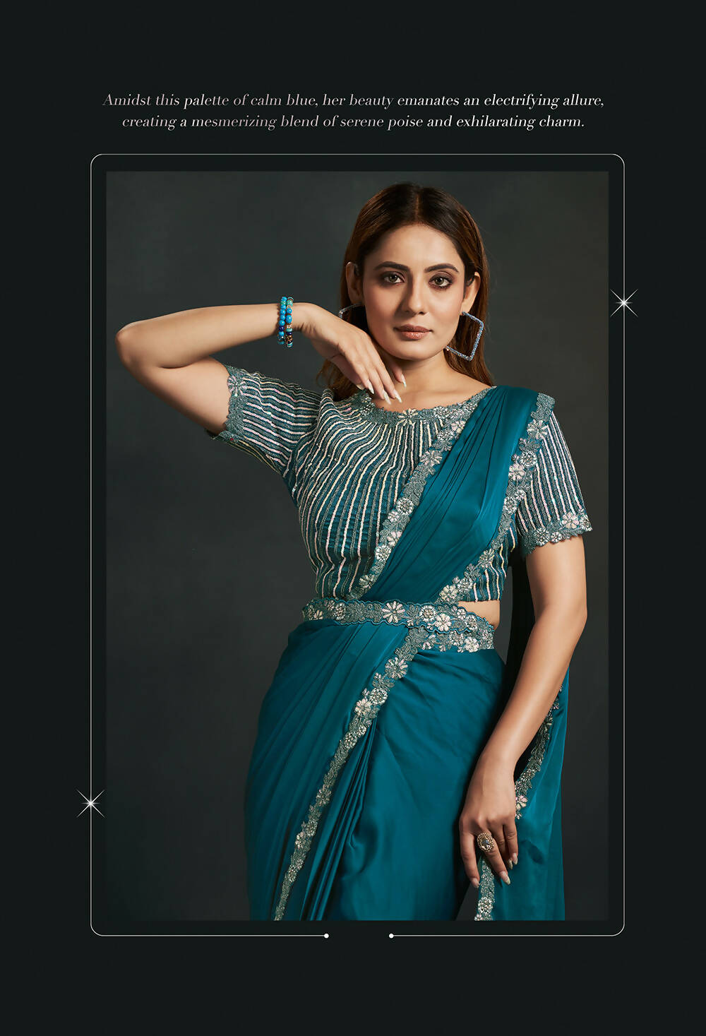 Blue Satin Silk Crepe Cord Sequence & Thread Embroidered & Stone Work Saree - Moh-Manthan Royal Enigma