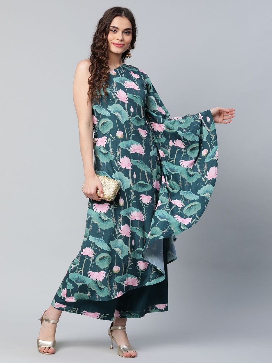 Ahalyaa Women Green Crepe Floral Printed Kurta with Palazzo Set - Distacart