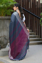 Beatitude Blue Cotton Jacquard Border Tangail Handloom Saree