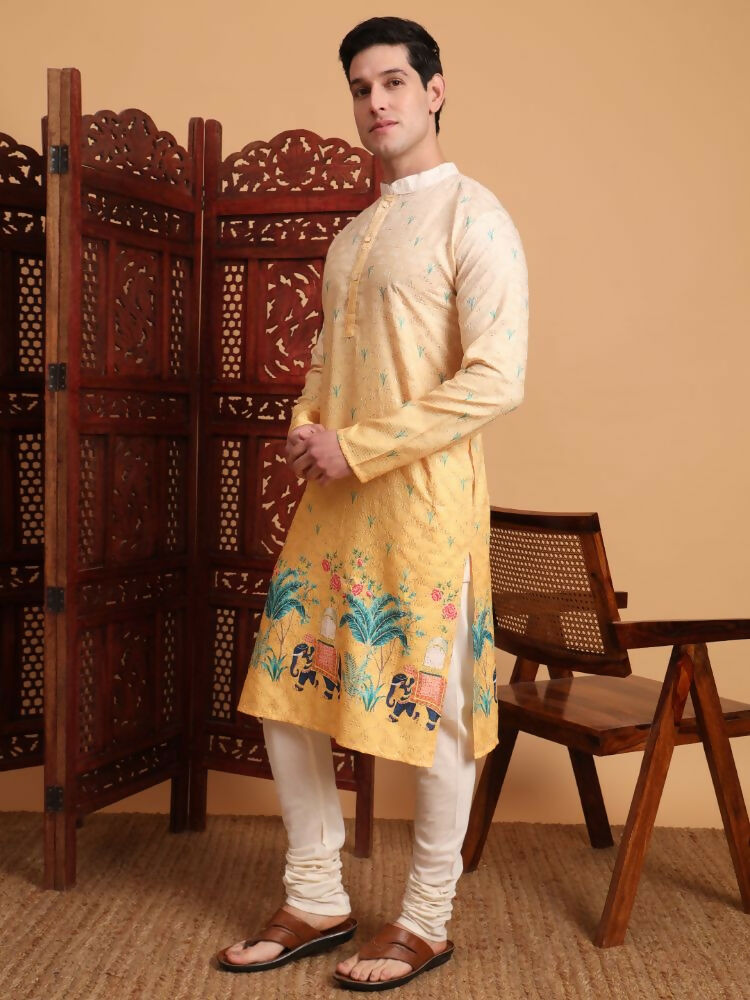 Yellow Cotton Printed Chikankari Embroidery Work Kurta - Mahotsav
