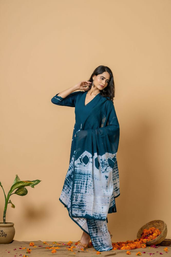 Joban Fashion Navy Blue Tie & Dye Cotton Suit Set - Distacart
