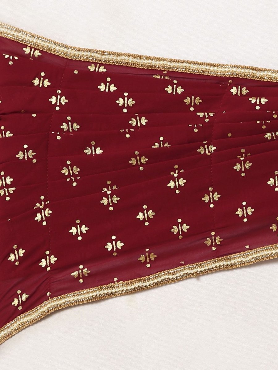 Ahalyaa Women's Maroon Georgette Gold Foil Print Ready to Wear Saree