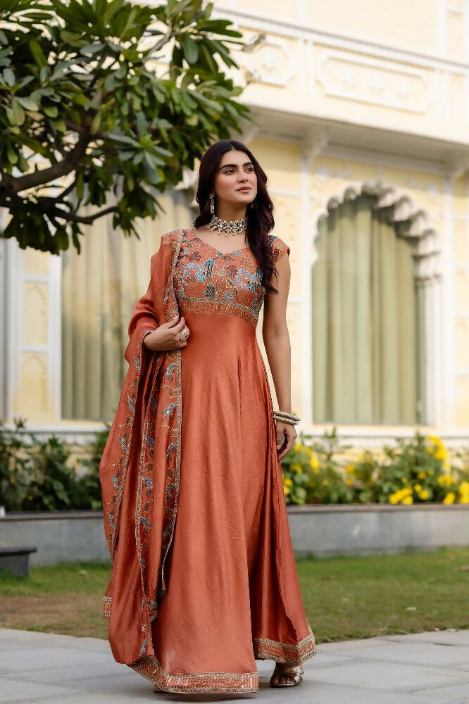 Teeya Creation Orange Color Vichitra Silk Designer Party Wear long Gown - Distacart