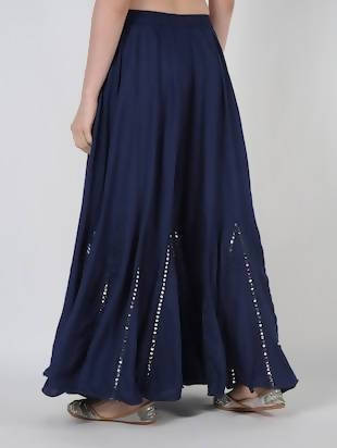 Mominos Fashion Navy Blue Viscose Rayon Flared Palazzo with Mirror Lace Work - Distacart