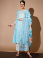 Myshka Women Blue Printed Kurta & Trousers With Dupatta - Distacart