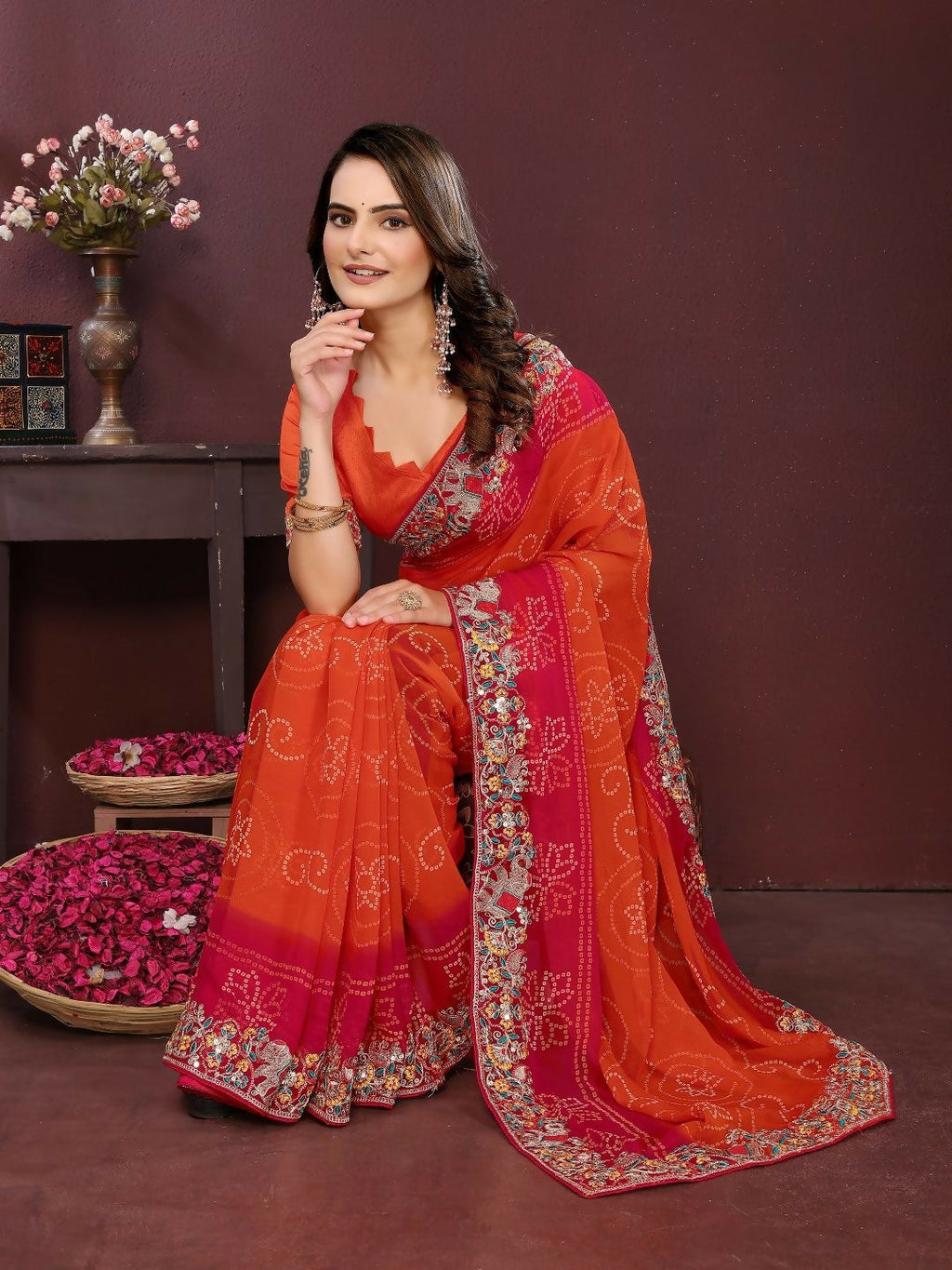 Ai Fashion Orange Georgette Digital Print Party Wear Saree - Distacart