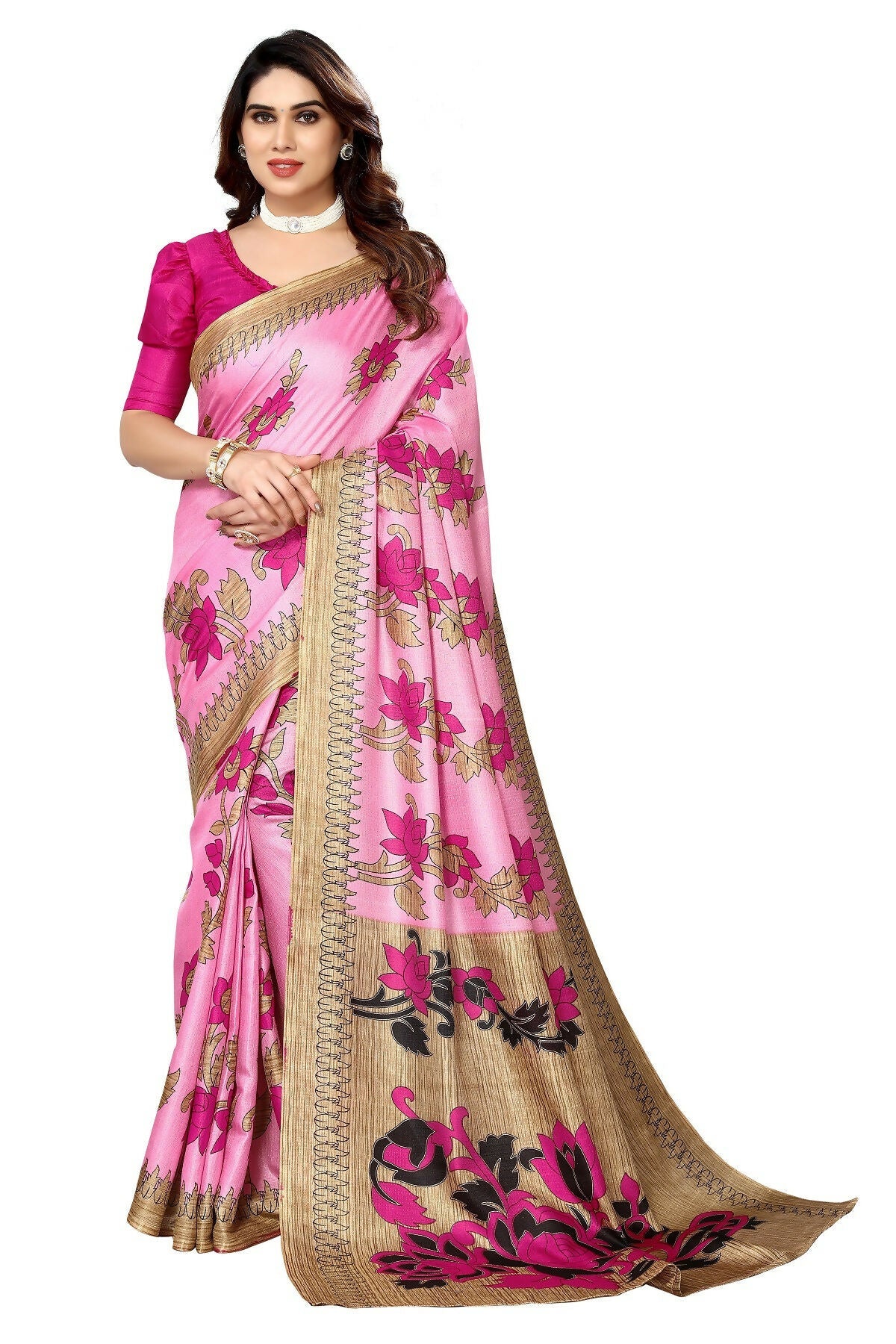 Vamika baby pink Printed Art Silk Saree